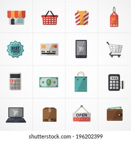 flat icons vector collection with colors of supermarket services, Shopping online Icons set. 