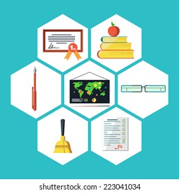 Flat icons vector collection of education objects. Isolated on white background.