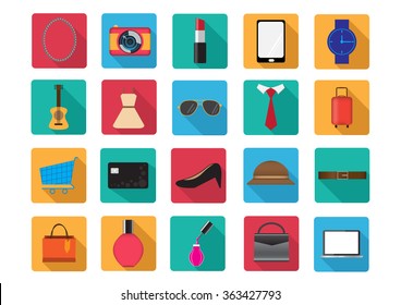 flat icons vector collection with long shadow effect in stylish colors of shopping online