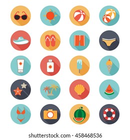 flat icons vector collection with long shadow of traveling, tourism and vacation theme.