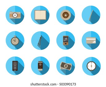  flat icons vector collection with long shadow effect in colors of traveling, tourism and vacation theme. Isolated on white background.