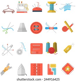 Flat icons vector collection of sewing items. Set of colorful flat vector icons for sewing or handmade items and tools on white background.