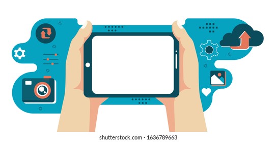  Modern flat icons vector collection in stylish retro colors of mobile phone and digital tablet using with hand touching screen symbol. Isolated on white background.

