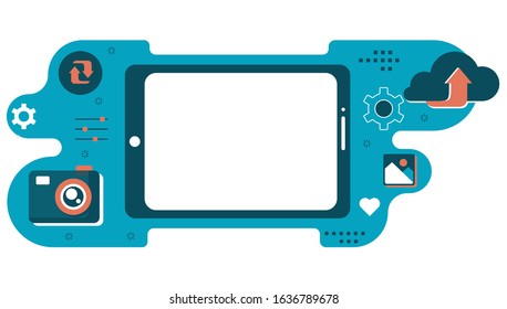  Modern flat icons vector collection in stylish retro colors of mobile phone and digital tablet using with hand touching screen symbol. Isolated on white background.

