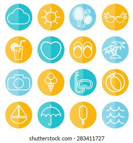 Flat icons vector collection in stylish colors of traveling, tourism and vacation theme. Vector