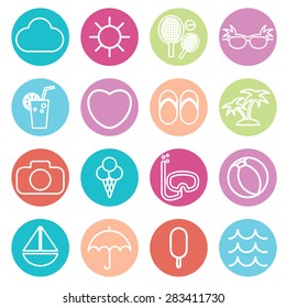 Flat icons vector collection in stylish colors of traveling, tourism and vacation theme. Vector