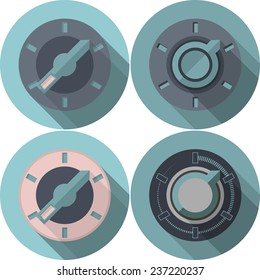 Flat icons vector collection for switcher. Four analogue blue tumbler switches with colored elements. Set of flat vector icons with long shadow effect on white background.