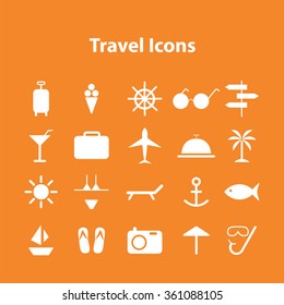 Flat icons vector collection of traveling, tourism and vacation theme. Isolated on orange background.