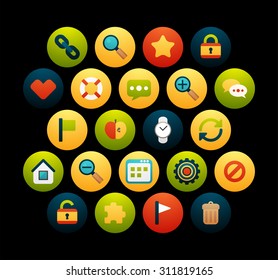 Flat icons vector set 1 - universal collection, for phone watch or tablet, isolated on black background