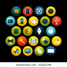Flat icons vector set 13 - computer collection, for phone watch or tablet, isolated on black background