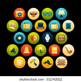 Flat icons vector set 14 - vintage collection, for phone watch or tablet, isolated on black background