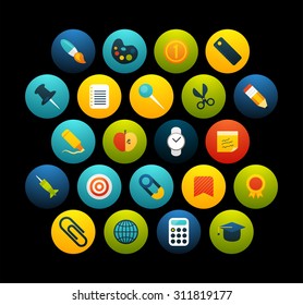 Flat icons vector set 2 - education collection, for phone watch or tablet, isolated on black background