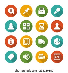 Flat icons vector set and long shadow effect for web site design, infographics, ui and mobile apps. Objects, business, office, communication and marketing items