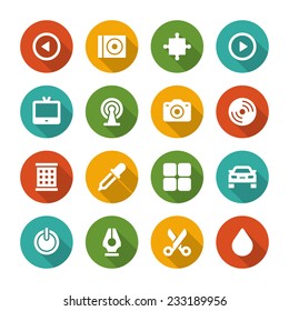 Flat icons vector set and long shadow effect for web site design, infographics, ui and mobile apps. Objects, business, office, communication and marketing items