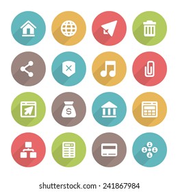 Flat icons vector set and long shadow effect for web design, infographics, ui and mobile apps. Objects, business, office, communication and marketing items