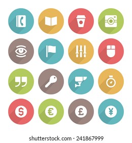 Flat icons vector set and long shadow effect for web design, infographics, ui and mobile apps. Objects, business, office, communication and marketing items