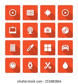 Flat icons vector set and long shadow effect for web design, infographics, ui and mobile apps. Objects, business, office, communication and marketing items 