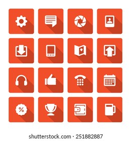 Flat icons vector set and long shadow effect for web design, infographics, ui and mobile apps. Objects, business, office, communication and marketing items 