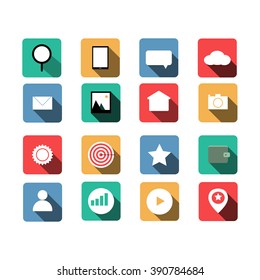 flat icons vector set with long shadow for web design objects, interface elements, business and office items. Isolated on white background. 
