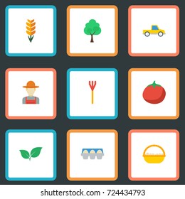 Flat Icons Vegetable, Grain, Timber And Other Vector Elements. Set Of Agriculture Flat Icons Symbols Also Includes Grain, Cultivator, Wood Objects.