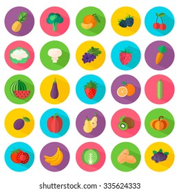 Flat Icons of vegetables and fruits. The bigest premium collection. Vector illustrations isolated on white background.