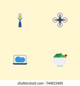 Flat Icons Vegetarian, Stick, Quadcopter And Other Vector Elements. Set Of Modern Flat Icons Symbols Also Includes Phone, Computing, Vegetable Objects.