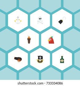 Flat Icons Vessel, Bottle, Artillery And Other Vector Elements. Set Of Piracy Flat Icons Symbols Also Includes Fire, Flame, Bird Objects.