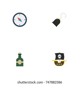 Flat Icons Vessel, Bottle, Direction And Other Vector Elements. Set Of Corsair Flat Icons Symbols Also Includes Bottle, Rum, Pirate Objects.