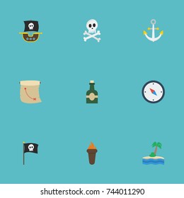 Flat Icons Vessel, Flame, Cranium And Other Vector Elements. Set Of Corsair Flat Icons Symbols Also Includes Treasure, Flag, Armature Objects.
