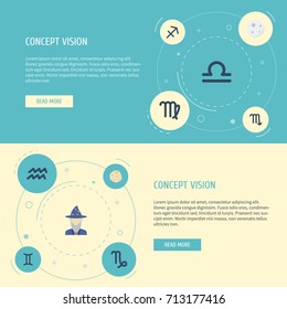 Flat Icons Virgin, Augur, Water Bearer And Other Vector Elements. Set Of Astronomy Flat Icons Symbols Also Includes Deva, Virgin, Twins Objects.