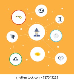 Flat Icons Virgin, Lunar, Ram And Other Vector Elements. Set Of Galaxy Flat Icons Symbols Also Includes Deva, Constellation, Virgin Objects.