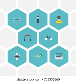 Flat Icons Virtual Reality, Earphone, Electron Cigarette And Other Vector Elements. Set Of Trend Flat Icons Symbols Also Includes Segway, Electron, Augmented Objects.