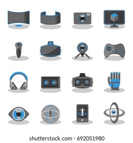 Flat icons for Virtual Reality innovation technologies, AR glasses, VR gaming and tracking device.