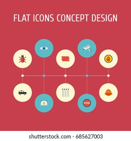 Flat Icons Virus, Brick Wall, Hardhat And Other Vector Elements. Set Of Procuring Flat Icons Symbols Also Includes Stop, Road, Trojan Objects.