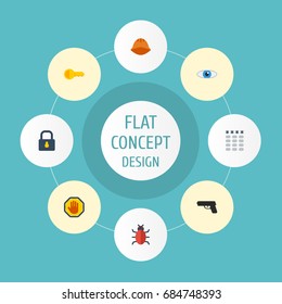 Flat Icons Virus, Gun, Keypad And Other Vector Elements. Set Of Procuring Flat Icons Symbols Also Includes Lock, Closed, Helmet Objects.