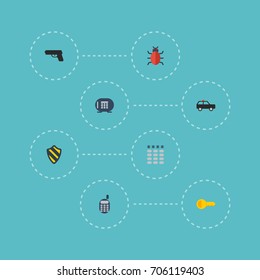 Flat Icons Virus, Gun, Safe And Other Vector Elements. Set Of Procuring Flat Icons Symbols Also Includes Vault, Gun, Bug Objects.