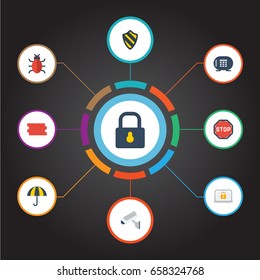 Flat Icons Virus, Key, Camera And Other Vector Elements. Set Of Safety Flat Icons Symbols Also Includes Safe, Camera, Virus Objects.