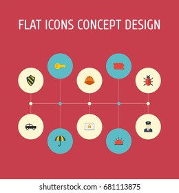 Flat Icons Virus, Policeman, Brick Wall And Other Vector Elements. Set Of Procuring Flat Icons Symbols Also Includes Helmet, Armored, Lock Objects.