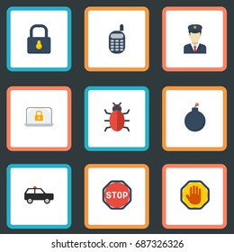 Flat Icons Virus, Policeman, Explosive And Other Vector Elements. Set Of Safety Flat Icons Symbols Also Includes Lock, Closed, Bomb Objects.