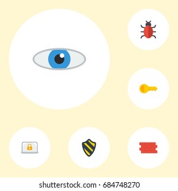 Flat Icons Virus, Shield, Lock And Other Vector Elements. Set Of Procuring Flat Icons Symbols Also Includes Trojan, Door, Eye Objects.