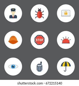 Flat Icons Vision, Lock, Siren And Other Vector Elements. Set Of Security Flat Icons Symbols Also Includes Lock, Virus, Guard Objects.
