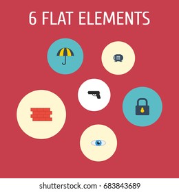 Flat Icons Vision, Parasol, Padlock And Other Vector Elements. Set Of Procuring Symbols Also Includes Gloves, Parasol, Wall Objects.