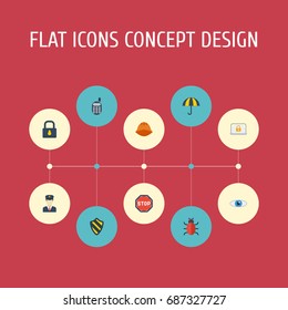 Flat Icons Vision, Policeman, Lock And Other Vector Elements. Set Of Procuring Flat Icons Symbols Also Includes Hardhat, Eye, Road Objects.