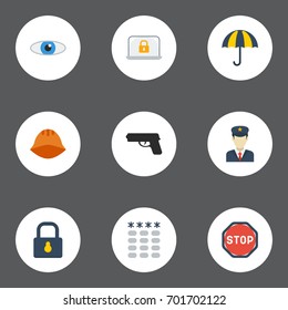 Flat Icons Vision, Policeman, Lock And Other Vector Elements. Set Of Safety Flat Icons Symbols Also Includes Policeman, Vision, Shot Objects.
