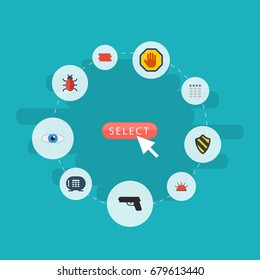 Flat Icons Vision, Virus, Gun And Other Vector Elements. Set Of Procuring Flat Icons Symbols Also Includes Warning, Siren, Look Objects.