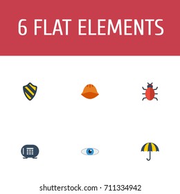 Flat Icons Vision, Virus, Shield And Other Vector Elements. Set Of Safety Flat Icons Symbols Also Includes Sunny, Trojan, Protection Objects.