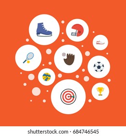Flat Icons Volleyball, Shoes, Rugby And Other Vector Elements. Set Of Sport Flat Icons Symbols Also Includes Baseball, Bat, Skates Objects.