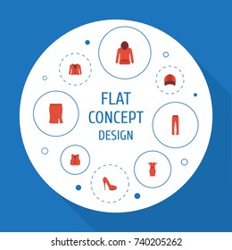 Flat Icons Waistcoat, Apparel, Heeled Shoe And Other Vector Elements. Set Of Garment Flat Icons Symbols Also Includes Dress, Fashion, Costume Objects.