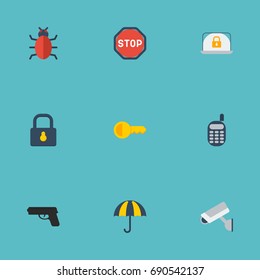 Flat Icons Walkie-Talkie, Lock, Camera And Other Vector Elements. Set Of Procuring Flat Icons Symbols Also Includes Weapon, Umbrella, Ratio Objects.