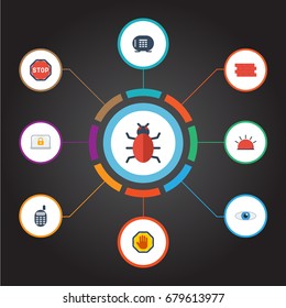 Flat Icons Walkie-Talkie, Lock, Siren And Other Vector Elements. Set Of Security Flat Icons Symbols Also Includes Safe, Vault, Eye Objects.